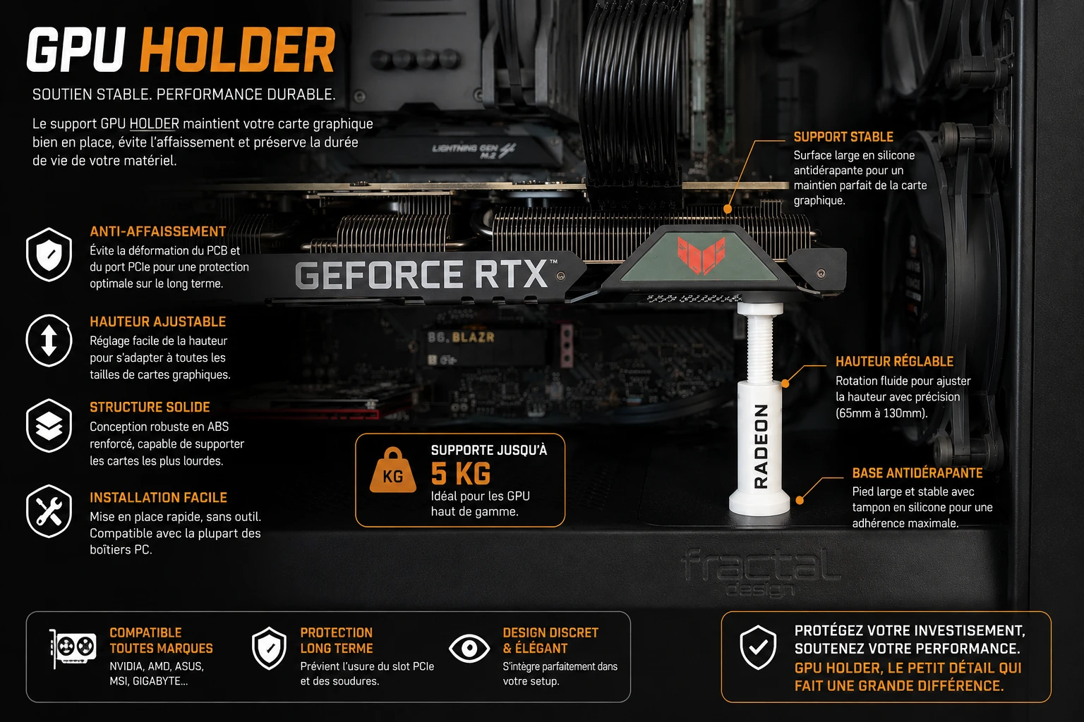 Caractéristiques du GPU Holder : anti-affaissement, hauteur réglable, structure solide, supporte 5 kg